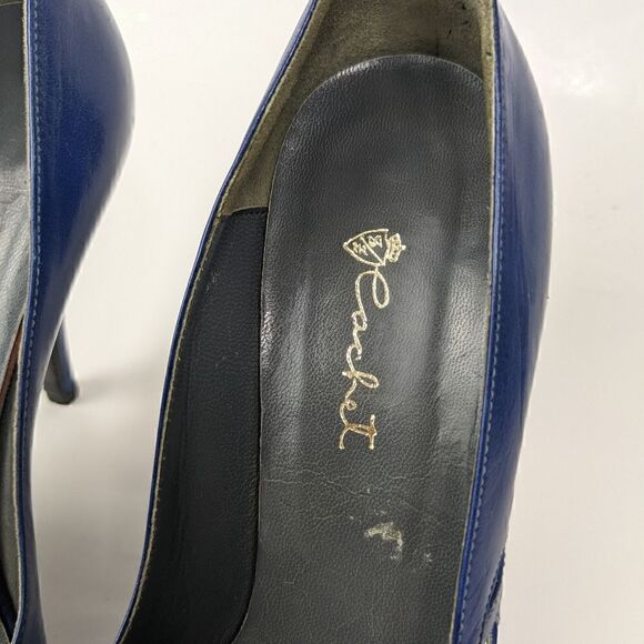 cobalt blue low heel italian leather shoe peep toe vintage size 5 retro fancy - Picture 9 of 10
